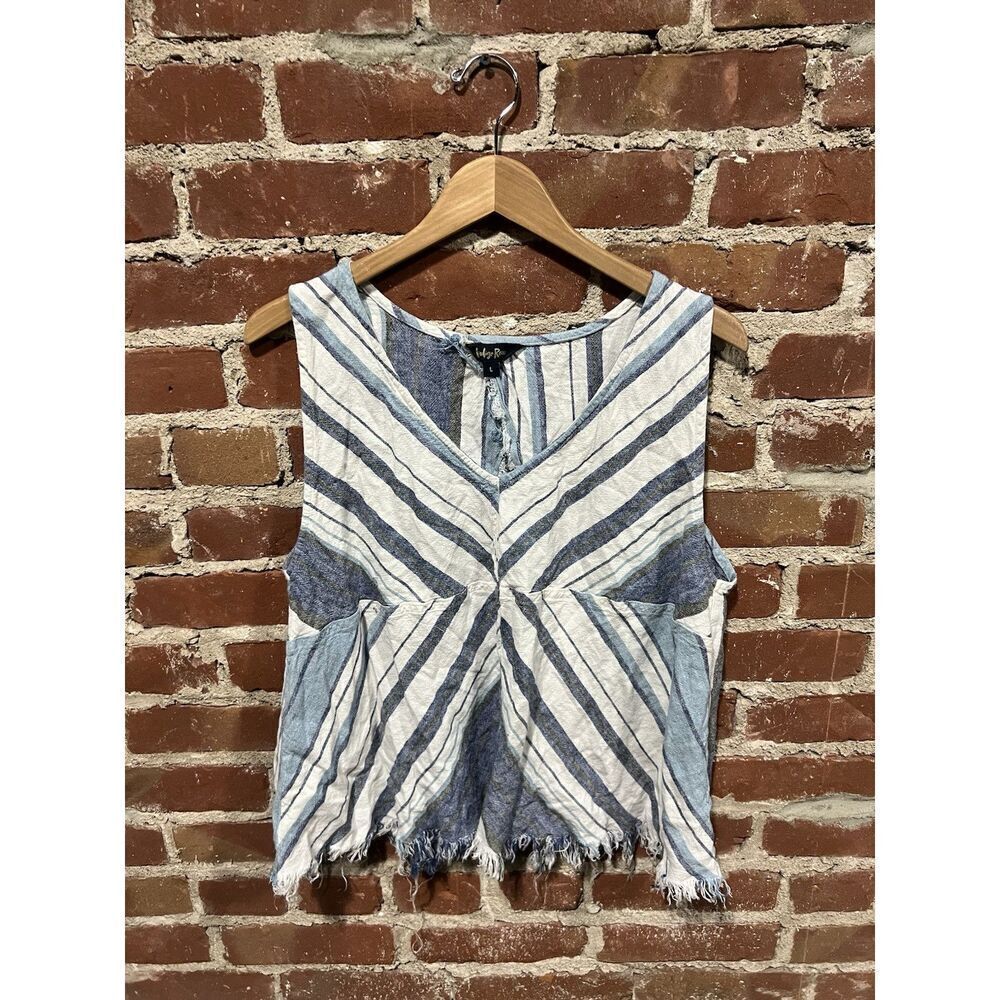 Indigo Reign Womens Blue Striped Linen Sleeveless Top Open Back Large
